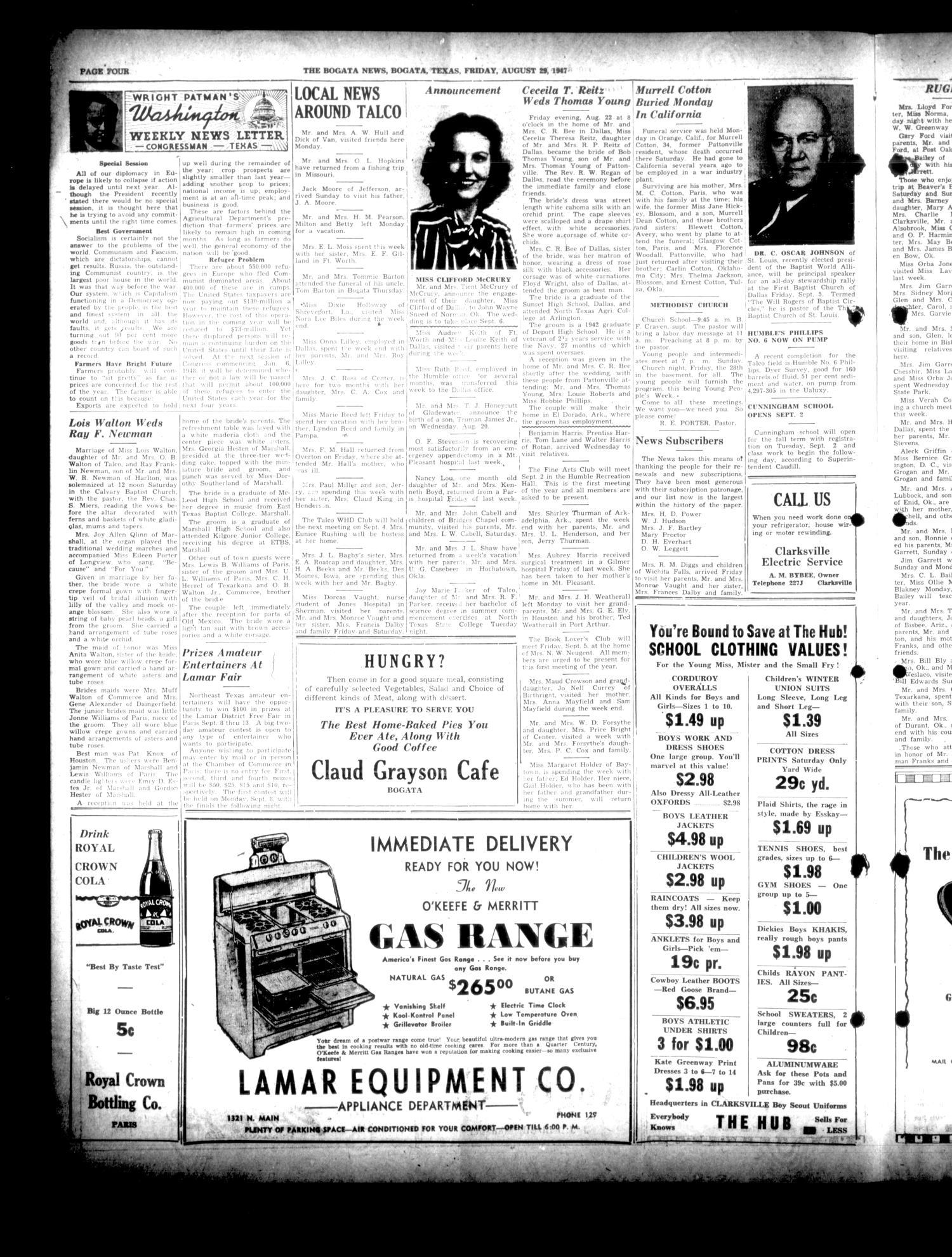 The Bogata News (Bogata, Tex.), Vol. 36, No. 43, Ed. 1 Friday, August 29, 1947
                                                
                                                    [Sequence #]: 4 of 8
                                                