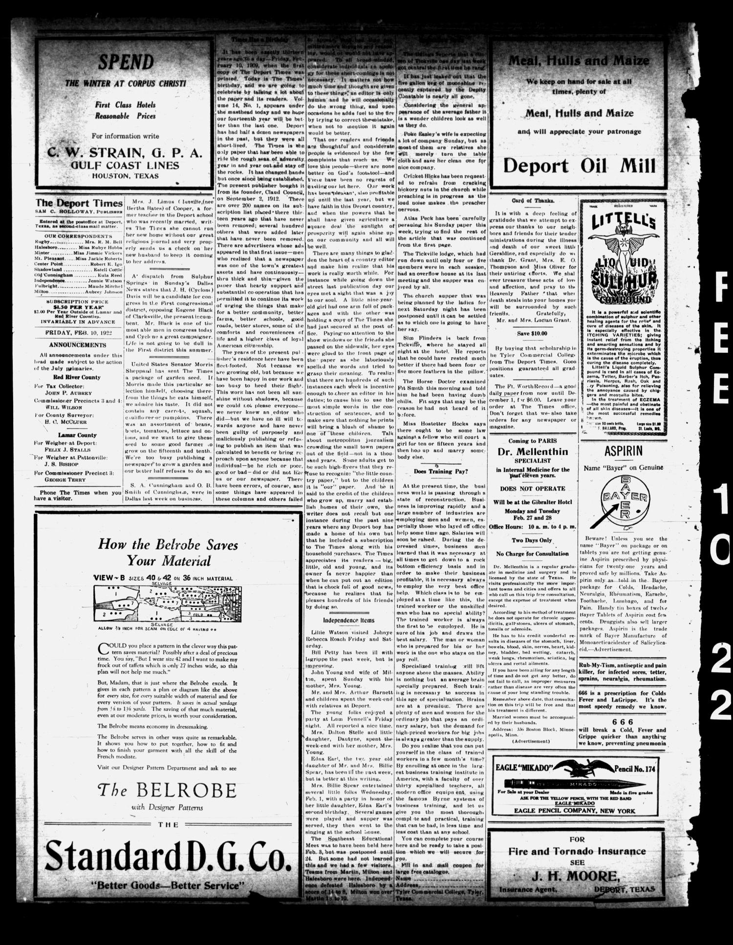 The Deport Times (Deport, Tex.), Vol. 14, No. 1, Ed. 1 Friday, February 10, 1922
                                                
                                                    [Sequence #]: 2 of 4
                                                