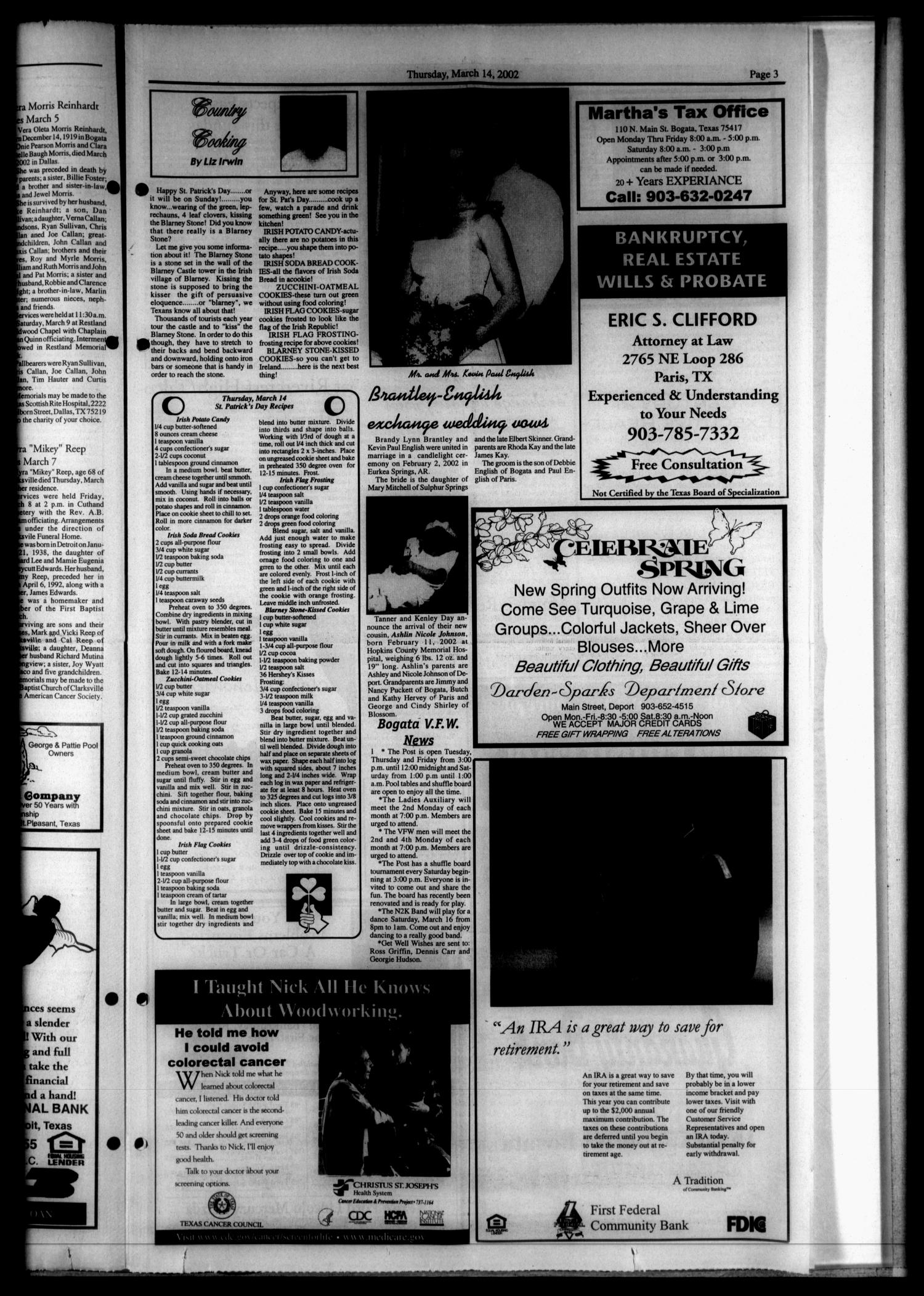 Bogata News (Bogata, Tex.), Vol. 91, No. 42, Ed. 1 Thursday, March 14, 2002
                                                
                                                    [Sequence #]: 3 of 8
                                                