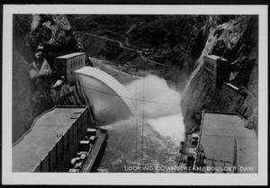 Primary view of object titled '[Postcard image "Looking Downstream, Boulder Dam"]'.