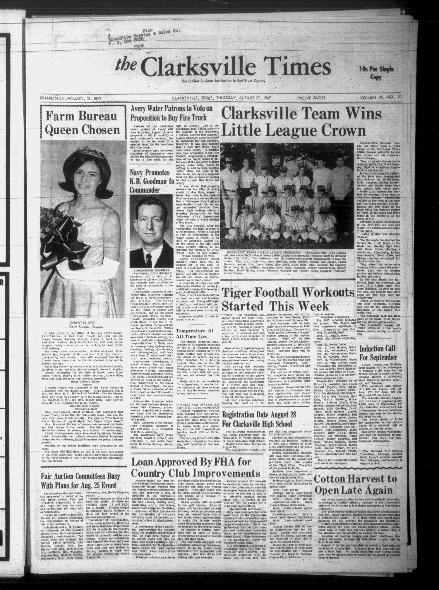 The Clarksville Times (Clarksville, Tex.), Vol. 95, No. 31, Ed. 1 Thursday, August 17, 1967
                                                
                                                    [Sequence #]: 1 of 12
                                                
