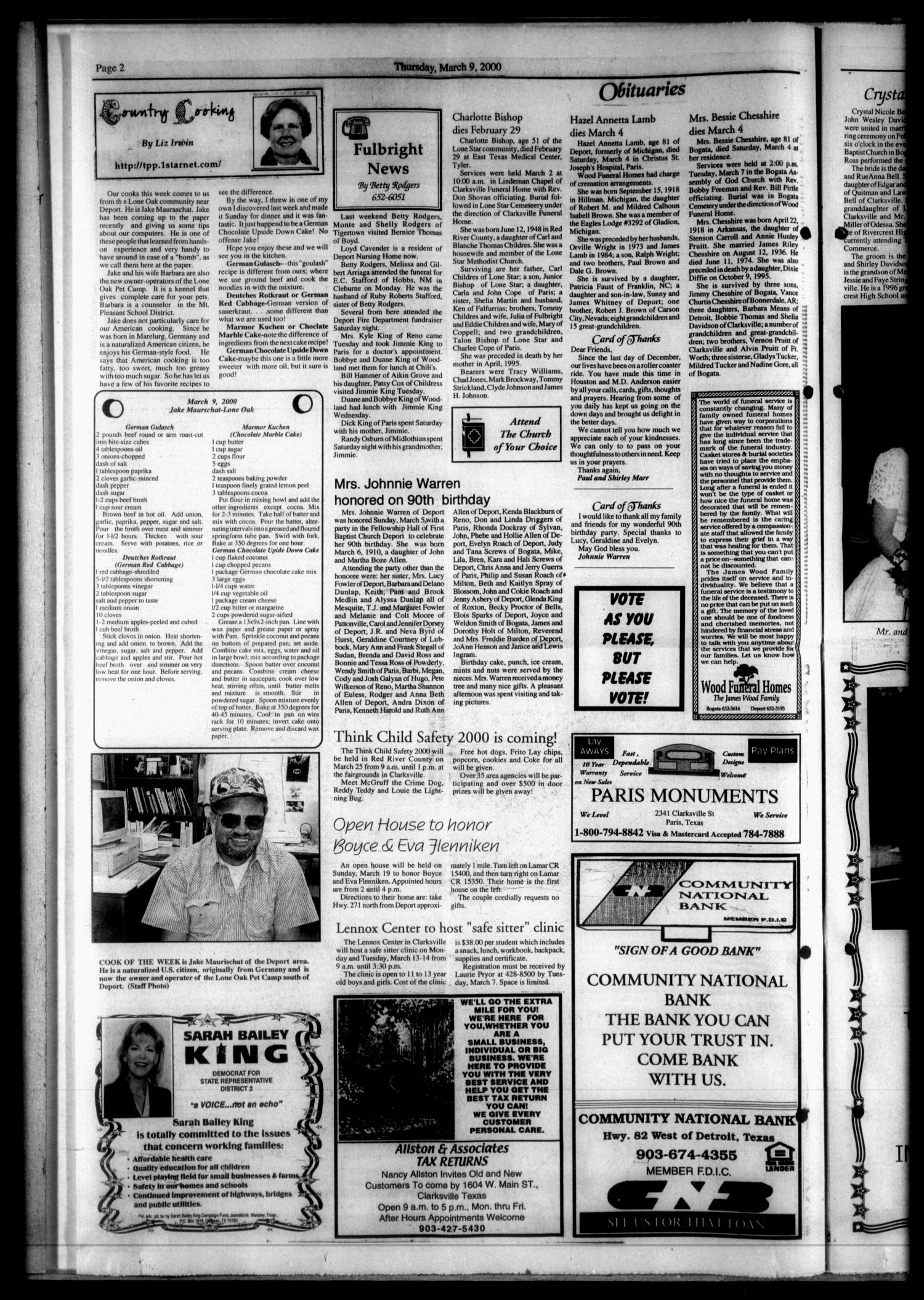Bogata News (Bogata, Tex.), Vol. 89, No. 43, Ed. 1 Thursday, March 9, 2000
                                                
                                                    [Sequence #]: 2 of 16
                                                