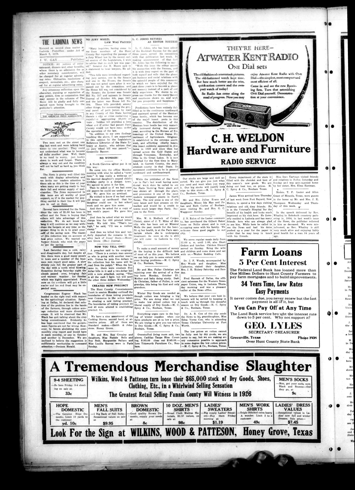 The Ladonia News (Ladonia, Tex.), Vol. 46, No. 43, Ed. 1 Friday, October 29, 1926
                                                
                                                    [Sequence #]: 4 of 8
                                                