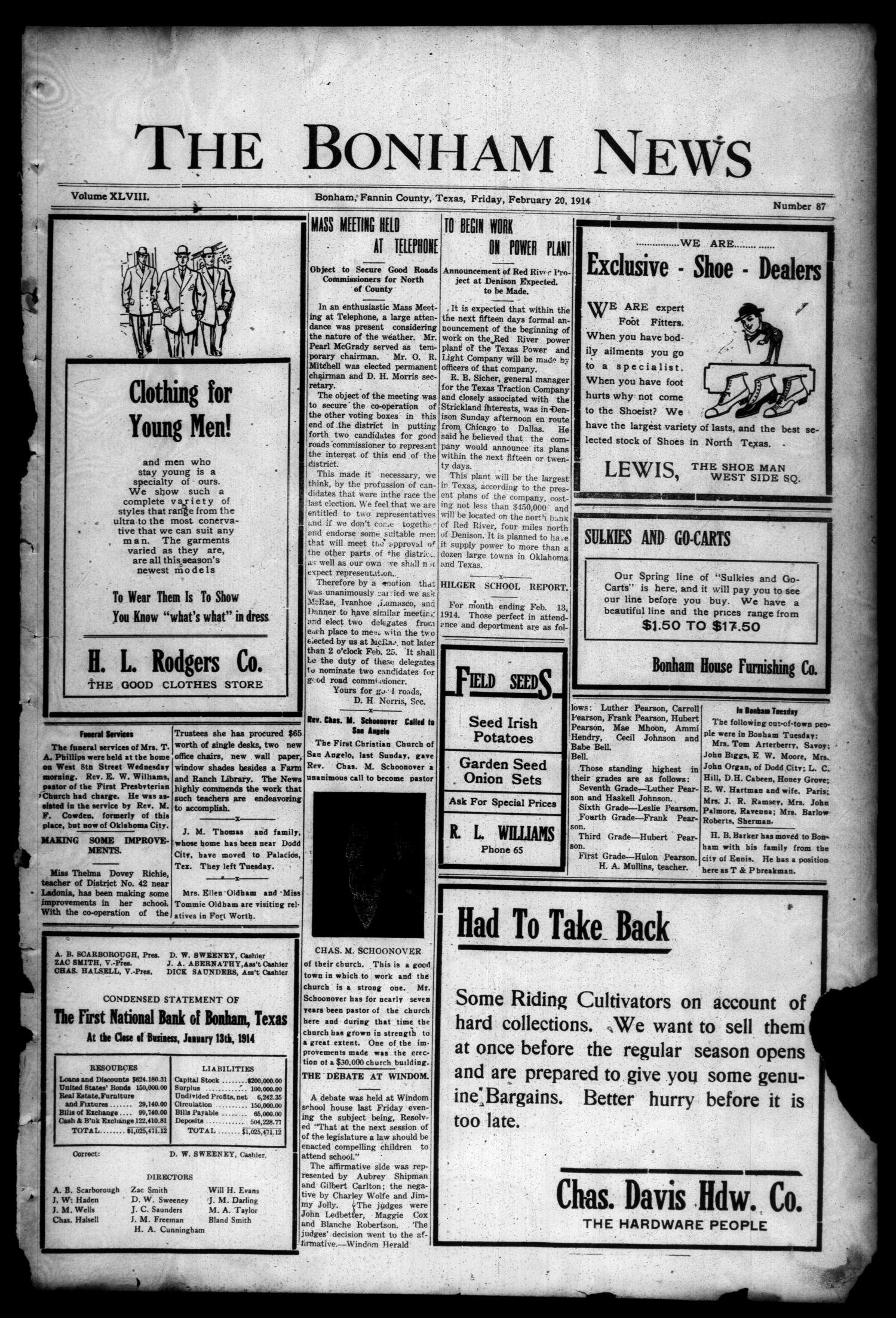 The Bonham News (Bonham, Tex.), Vol. 48, No. 87, Ed. 1 Friday, February 20, 1914
                                                
                                                    [Sequence #]: 1 of 8
                                                