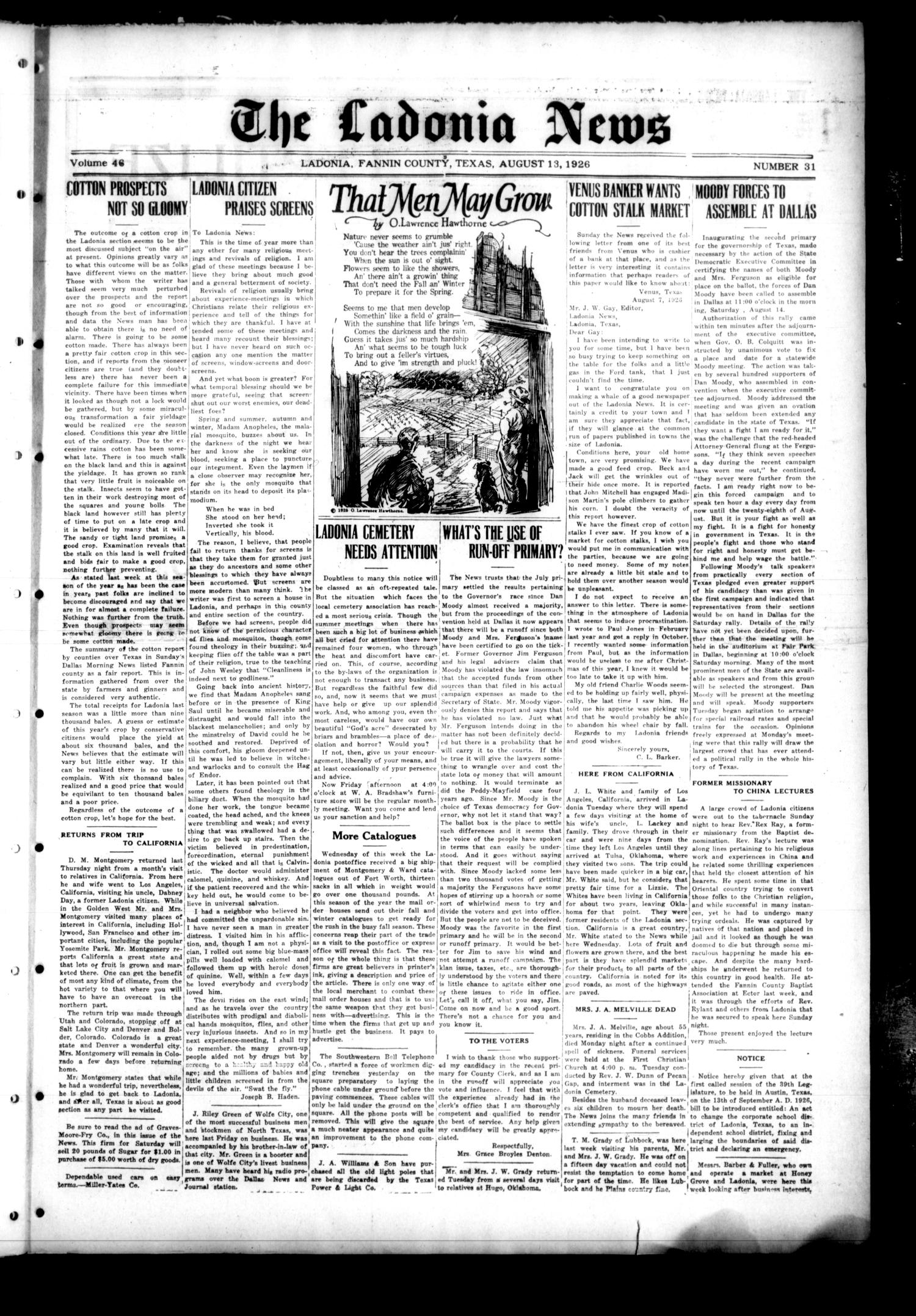 The Ladonia News (Ladonia, Tex.), Vol. 46, No. 31, Ed. 1 Friday, August 13, 1926
                                                
                                                    [Sequence #]: 1 of 8
                                                