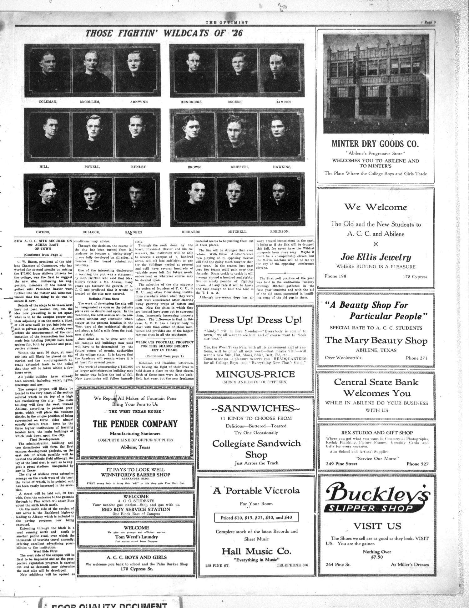 The Optimist (Abilene, Tex.), Vol. 15, No. 1, Ed. 1, Thursday, September 22, 1927
                                                
                                                    [Sequence #]: 3 of 4
                                                