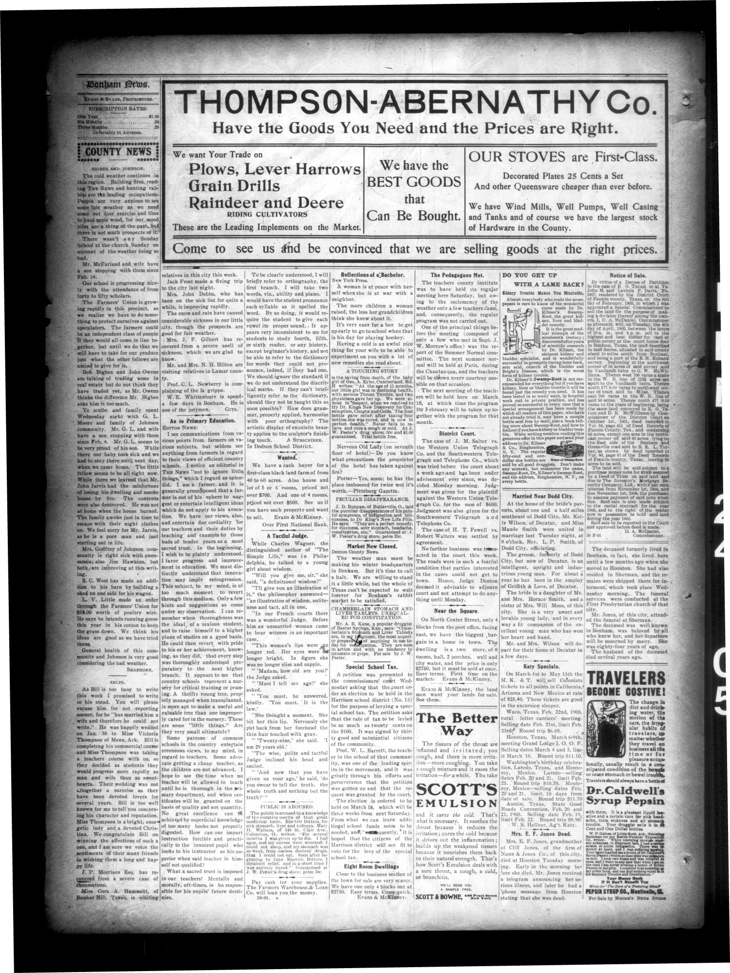 The Bonham News. (Bonham, Tex.), Vol. 39, No. 57, Ed. 1 Friday, February 24, 1905
                                                
                                                    [Sequence #]: 4 of 4
                                                