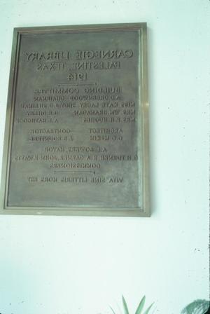 [Palestine Carnegie Library Building, (bronze plaque showing board members, etc.)]