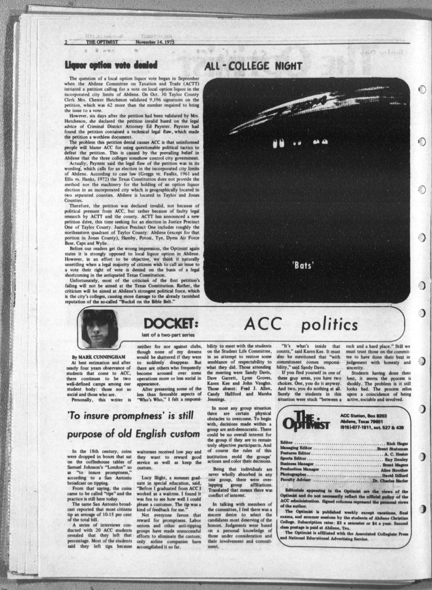 The Optimist (Abilene, Tex.), Vol. 63, No. 10, Ed. 1, Friday, November 14, 1975
                                                
                                                    [Sequence #]: 2 of 8
                                                