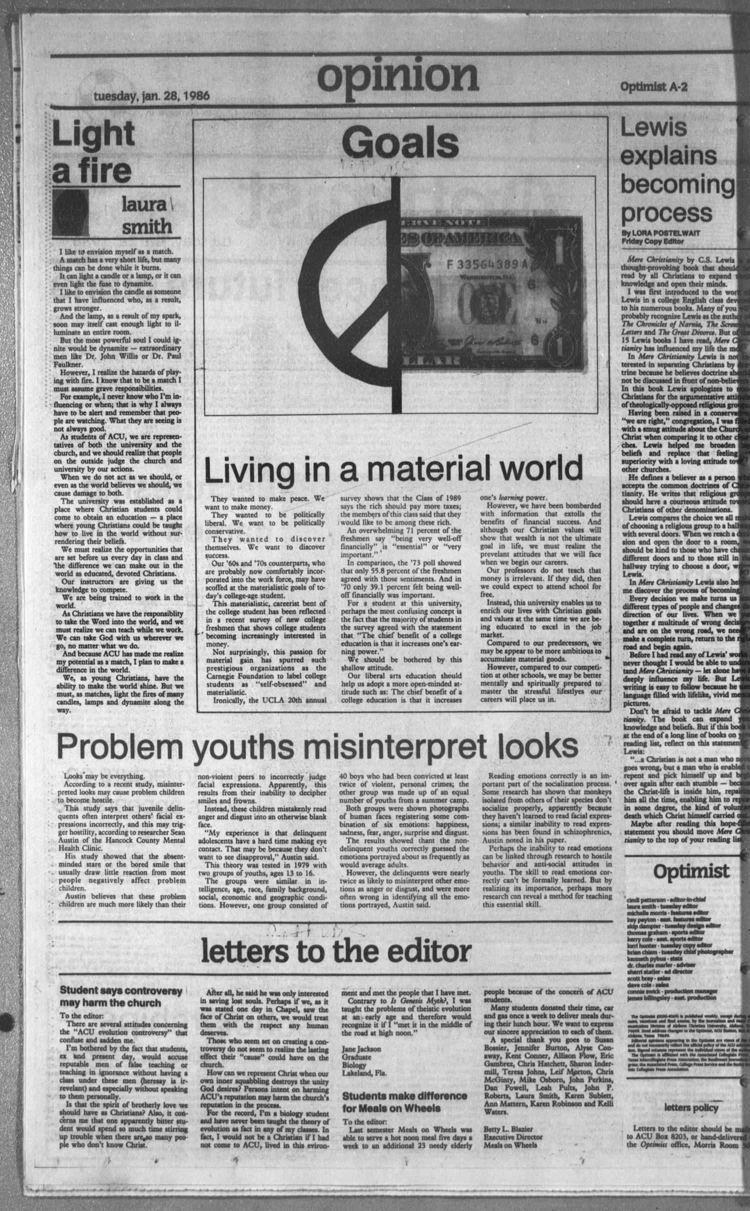 The Optimist (Abilene, Tex.), Vol. 73, No. 35, Ed. 1, Tuesday, January 28, 1986
                                                
                                                    [Sequence #]: 2 of 8
                                                