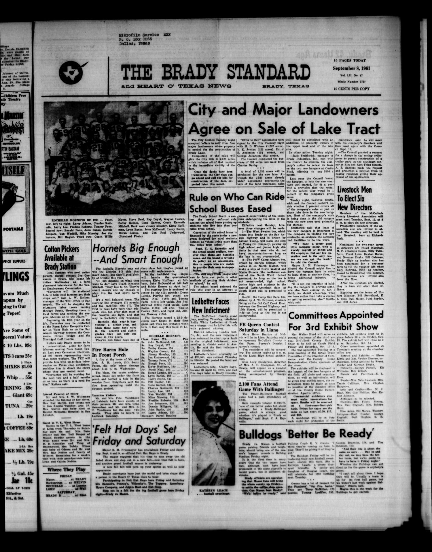 The Brady Standard and Heart O' Texas News (Brady, Tex.), Vol. 52, No. 47, Ed. 1 Friday, September 8, 1961
                                                
                                                    [Sequence #]: 1 of 10
                                                