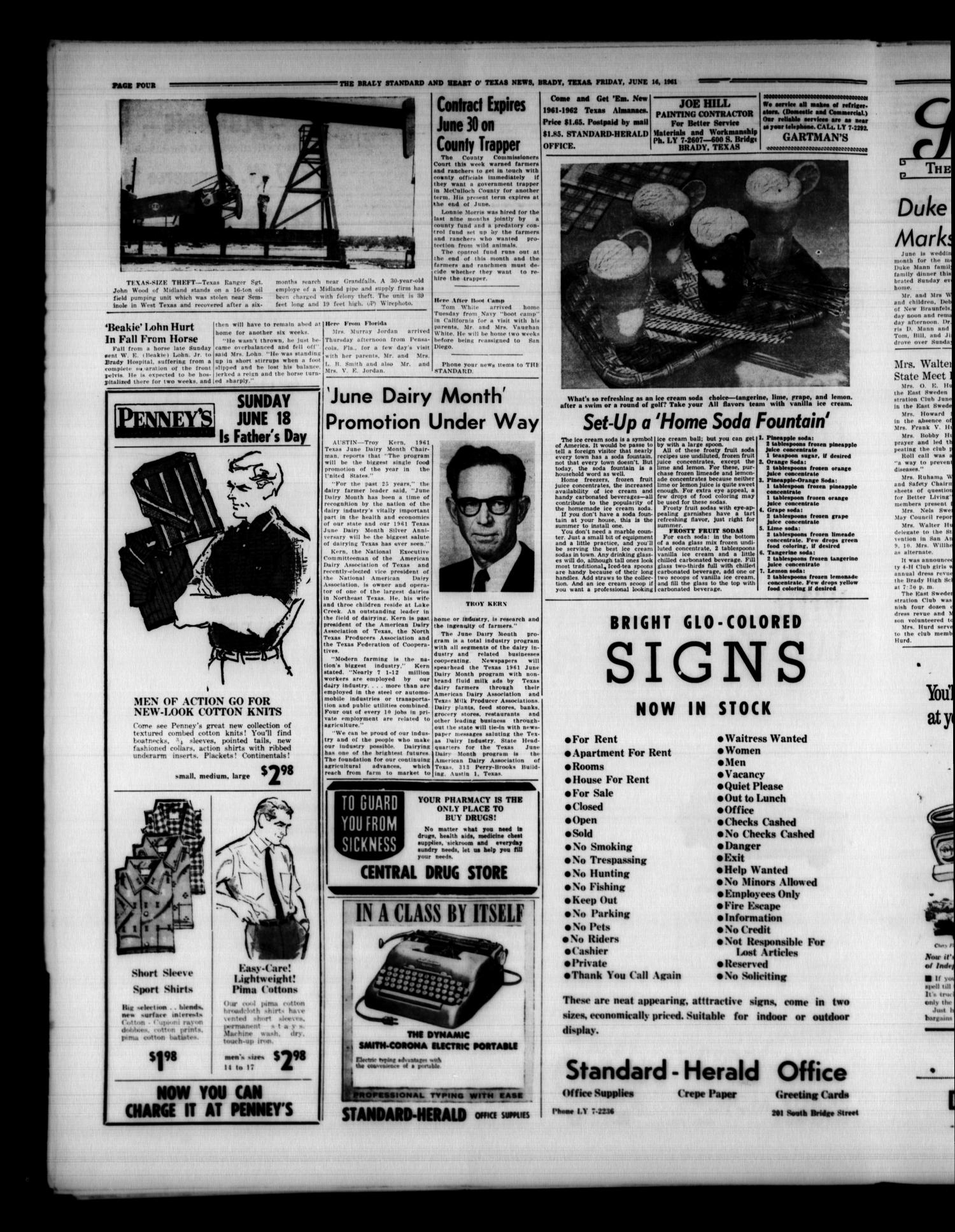 The Brady Standard and Heart O' Texas News (Brady, Tex.), Vol. 52, No. 35, Ed. 1 Friday, June 16, 1961
                                                
                                                    [Sequence #]: 4 of 10
                                                