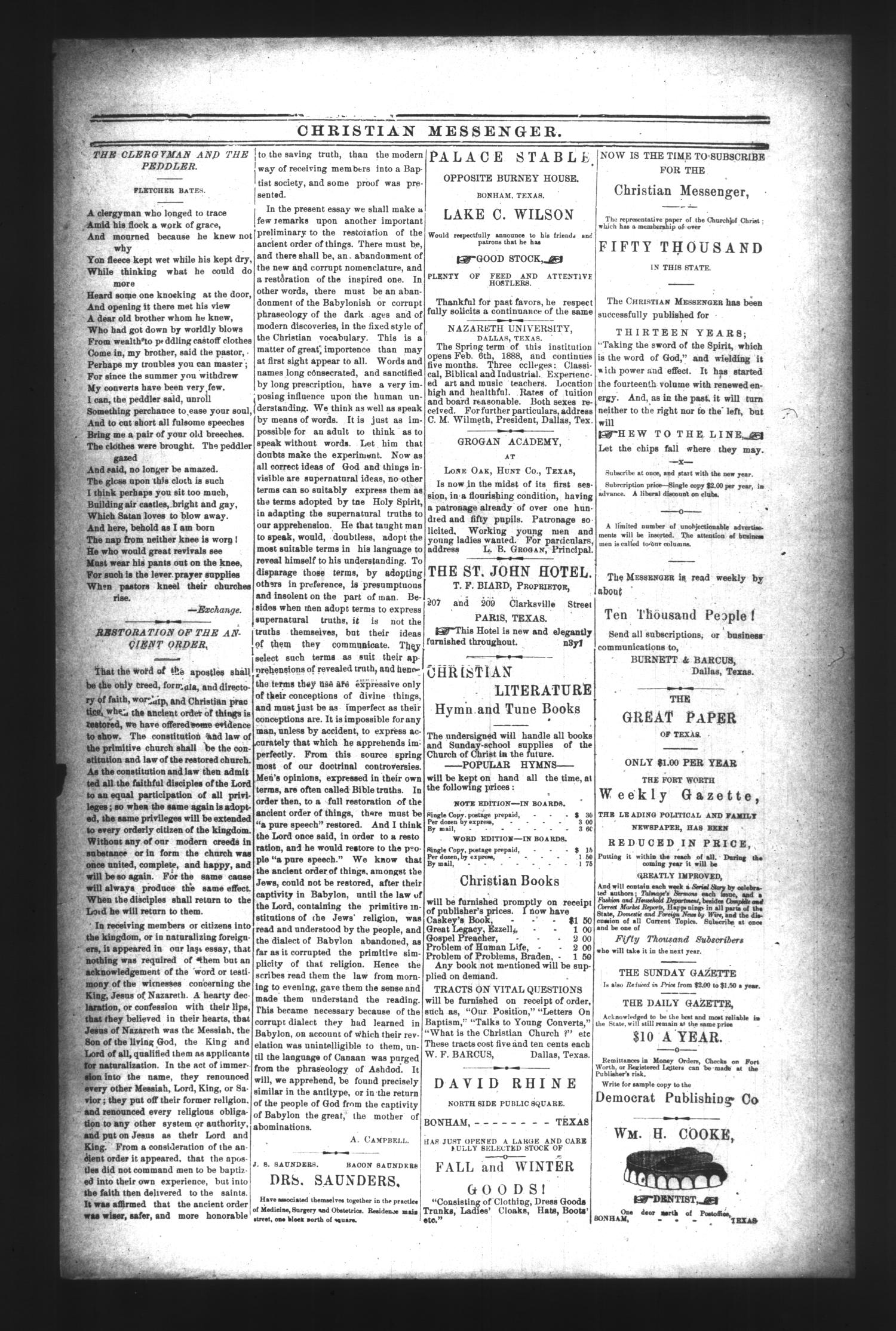 Christian Messenger. (Dallas, Tex.), Vol. 14, No. 6, Ed. 1 Wednesday, February 22, 1888
                                                
                                                    [Sequence #]: 3 of 8
                                                