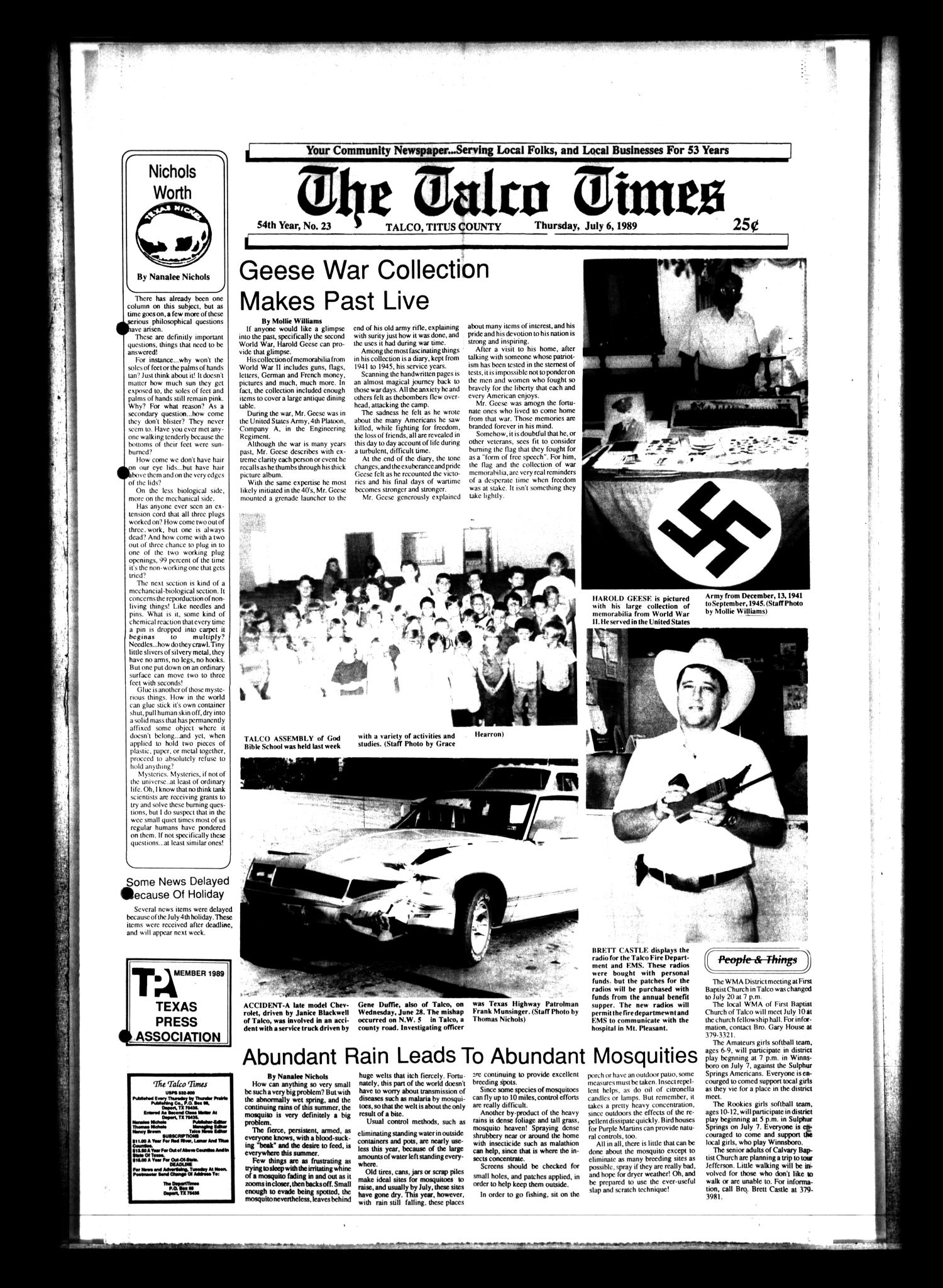 The Talco Times (Talco, Tex.), Vol. 54, No. 23, Ed. 1 Thursday, July 6, 1989
                                                
                                                    [Sequence #]: 1 of 10
                                                