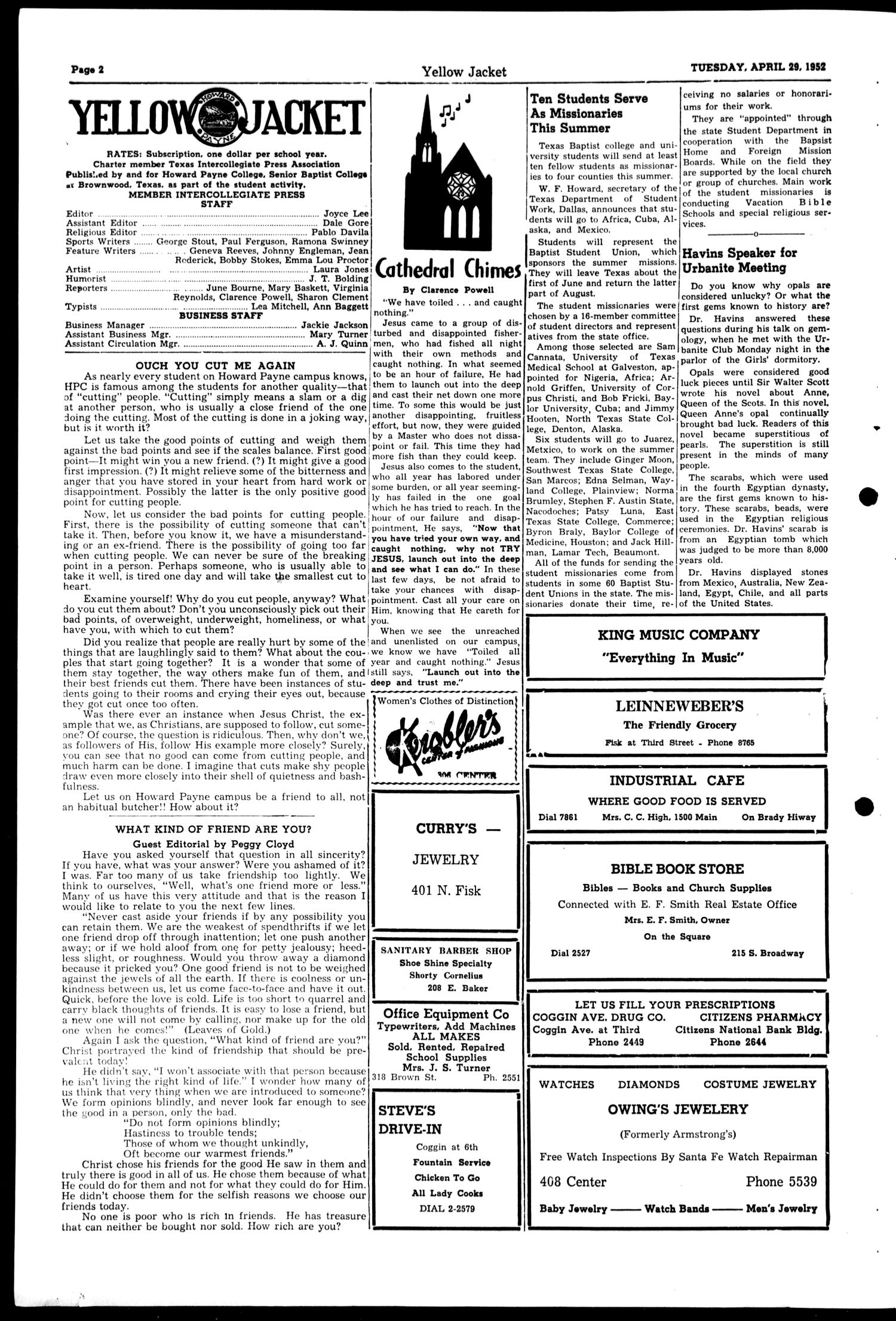 Yellow Jacket (Brownwood, Tex.), Vol. 37, No. 26, Ed. 1, Tuesday, April 29, 1952
                                                
                                                    [Sequence #]: 2 of 4
                                                