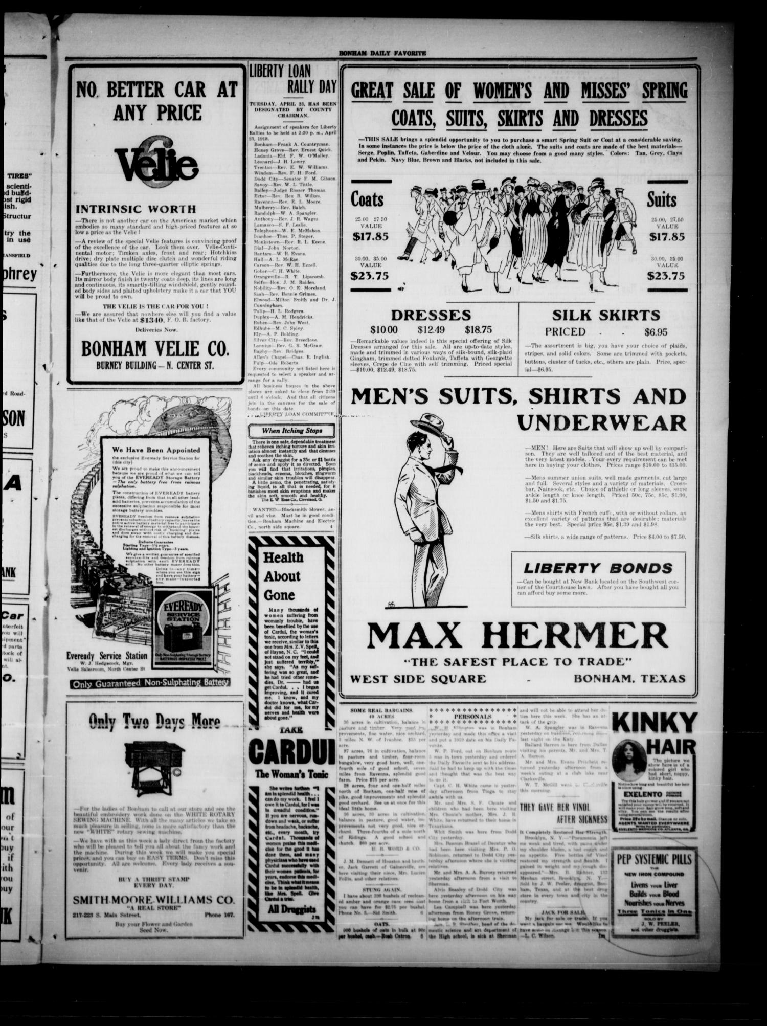 The Bonham Daily Favorite (Bonham, Tex.), Vol. 20, No. 223, Ed. 1 Thursday, April 18, 1918
                                                
                                                    [Sequence #]: 3 of 4
                                                