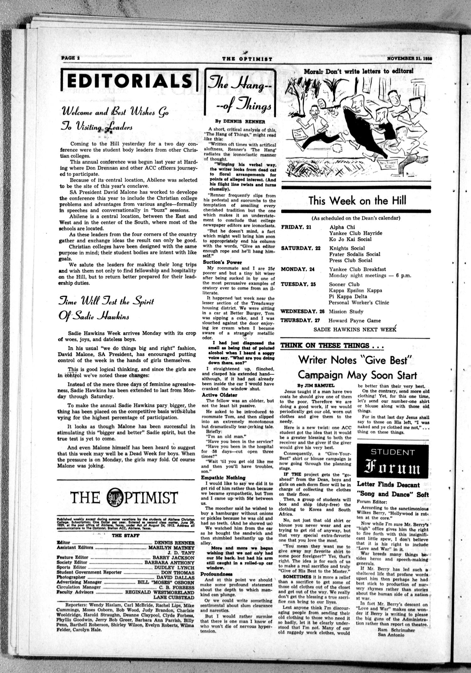 The Optimist (Abilene, Tex.), Vol. 46, No. 10, Ed. 1, Friday, November 21, 1958
                                                
                                                    [Sequence #]: 2 of 8
                                                