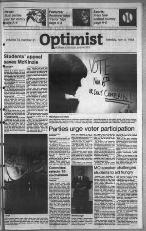 The Optimist (Abilene, Tex.), Vol. 72, No. 21, Ed. 1, Tuesday, November 6, 1984
