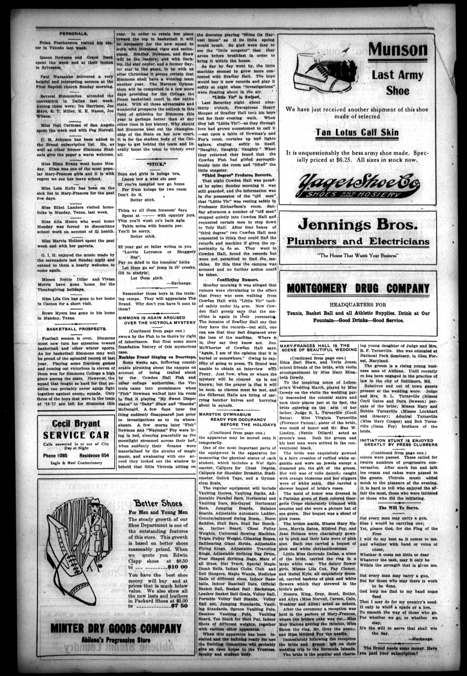 The Simmons Brand (Abilene, Tex.), Vol. 2, No. 11, Ed. 1, Friday, November 30, 1917
                                                
                                                    [Sequence #]: 4 of 4
                                                