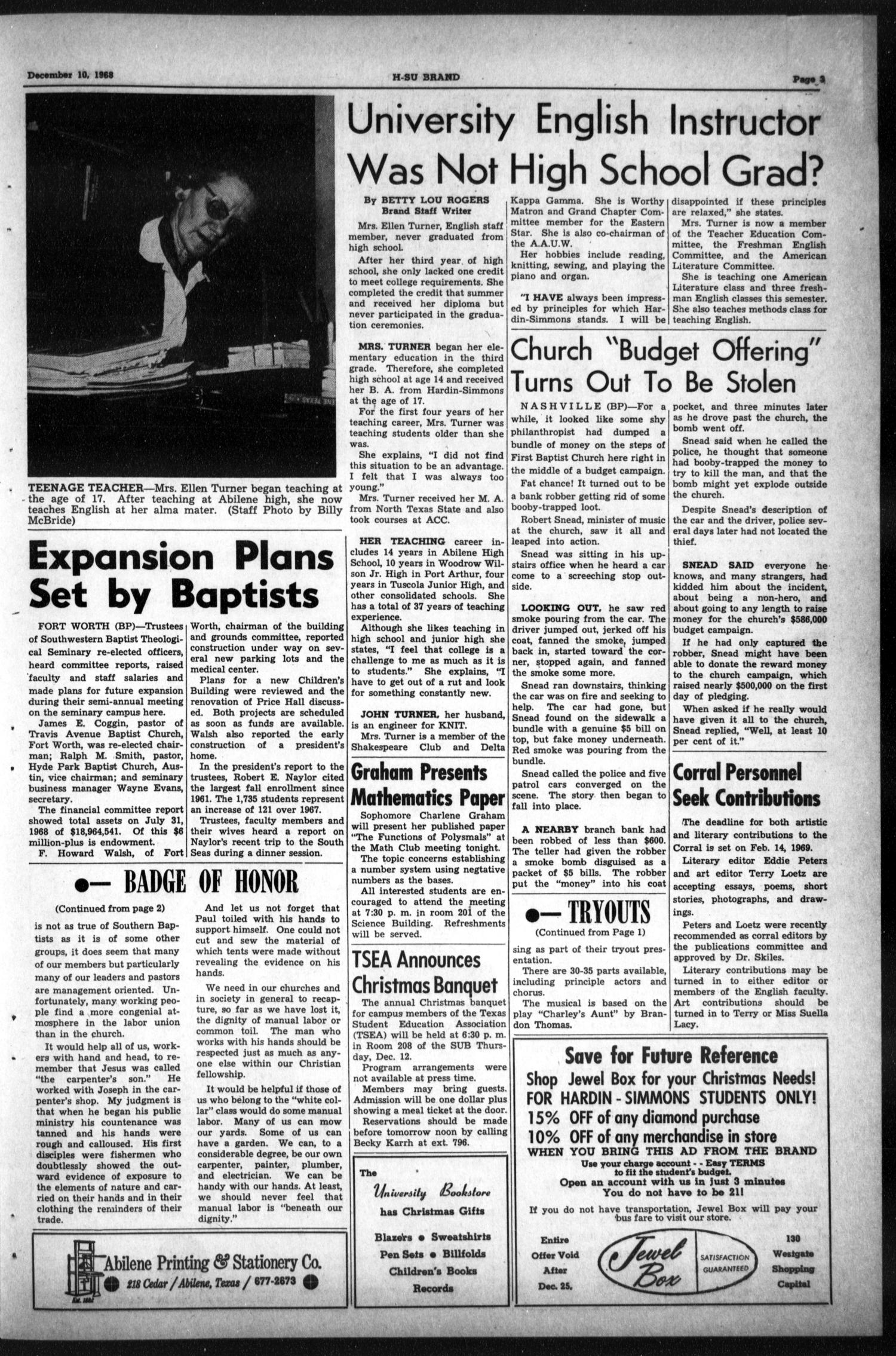 The H-SU Brand (Abilene, Tex.), Vol. 54, No. 24, Ed. 1, Tuesday, December 10, 1968
                                                
                                                    [Sequence #]: 3 of 4
                                                