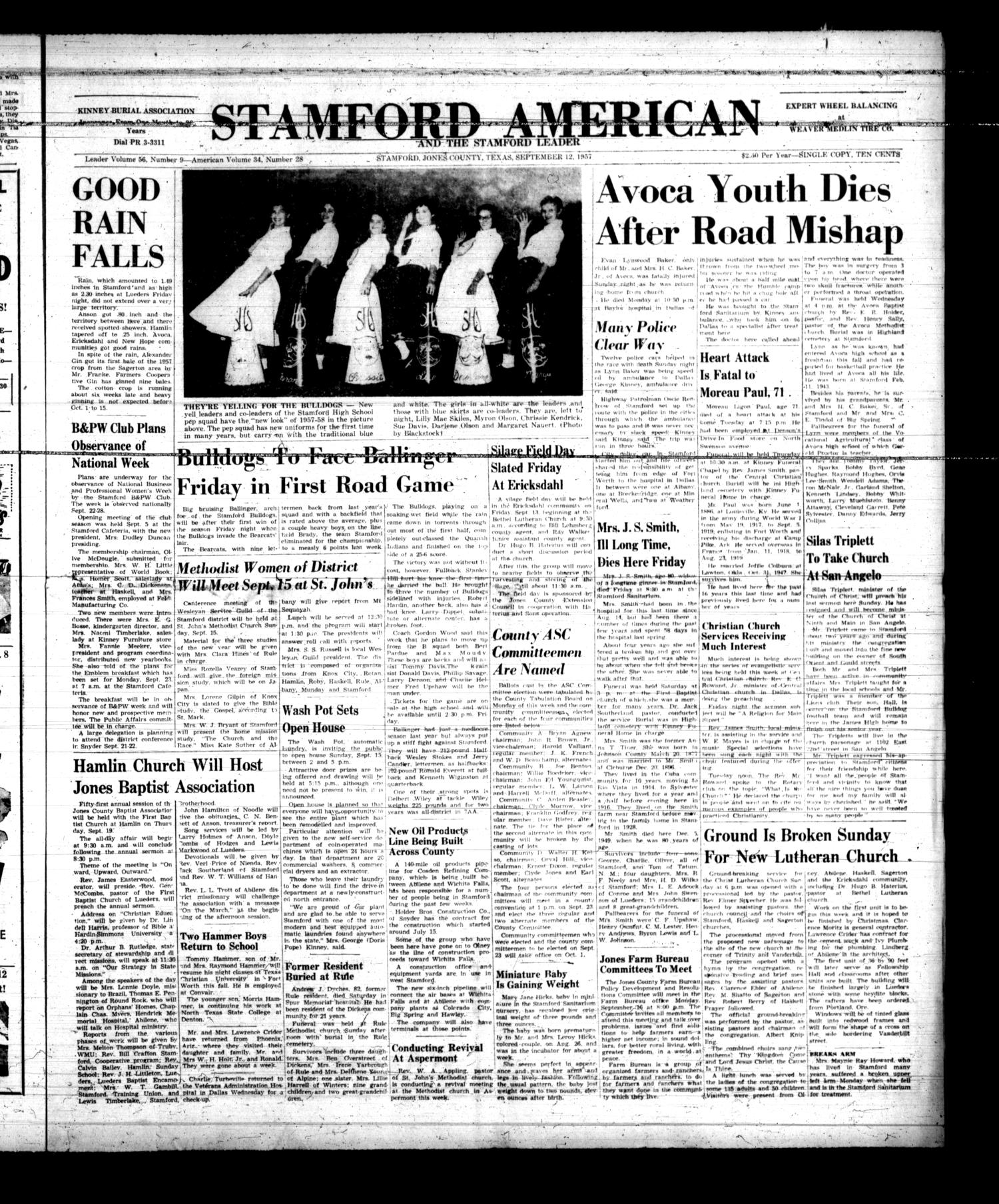 Stamford American and The Stamford Leader (Stamford, Tex.), Vol. 34, No. 28, Ed. 1 Thursday, September 12, 1957
                                                
                                                    [Sequence #]: 1 of 14
                                                