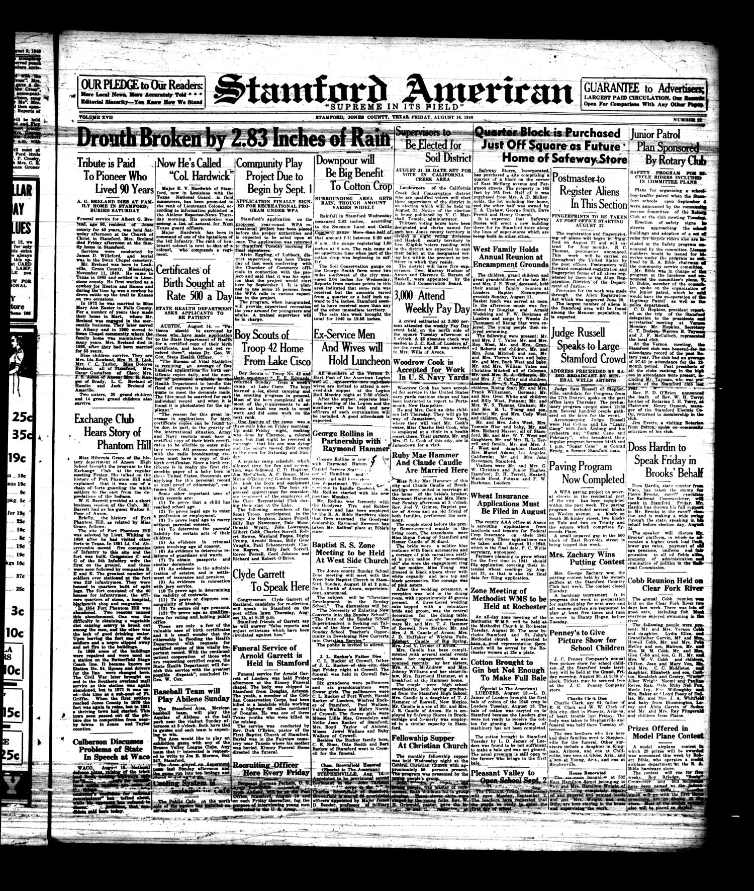 Stamford American (Stamford, Tex.), Vol. 17, No. 22, Ed. 1 Friday, August 16, 1940
                                                
                                                    [Sequence #]: 1 of 8
                                                