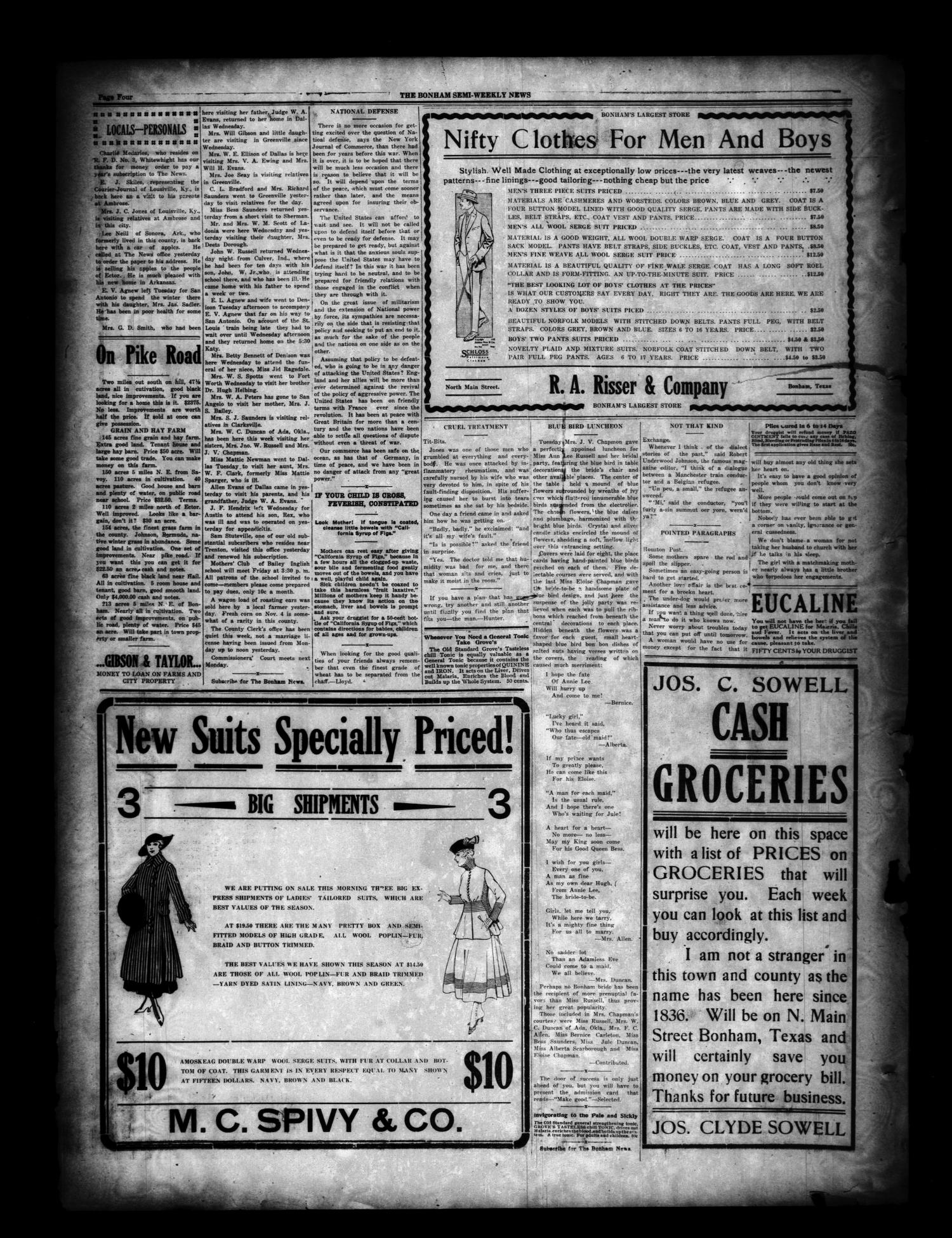 The Bonham News (Bonham, Tex.), Vol. 50, No. 57, Ed. 1 Friday, November 5, 1915
                                                
                                                    [Sequence #]: 4 of 4
                                                
