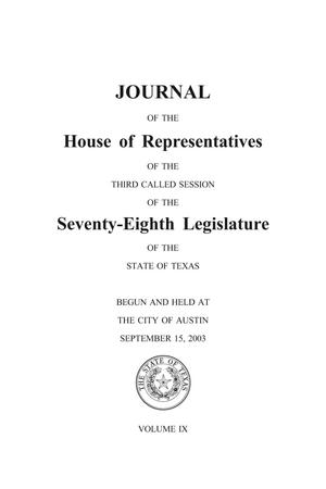 Primary view of object titled 'Journal of the House of Representatives of the Seventy-Eighth Legislature of the State of Texas, Volume 9'.