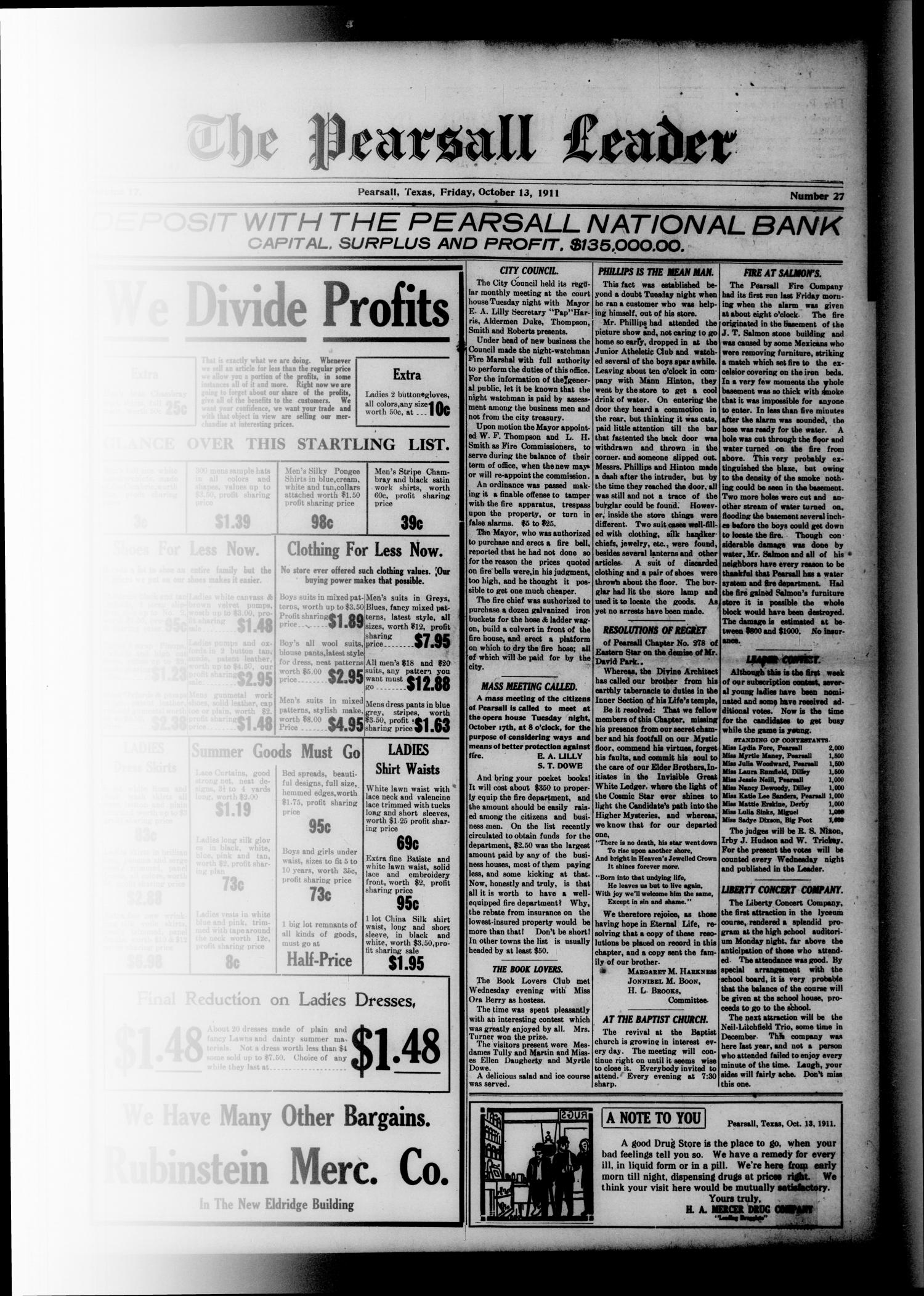 The Pearsall Leader (Pearsall, Tex.), Vol. 17, No. 27, Ed. 1 Friday, October 13, 1911
                                                
                                                    [Sequence #]: 1 of 8
                                                