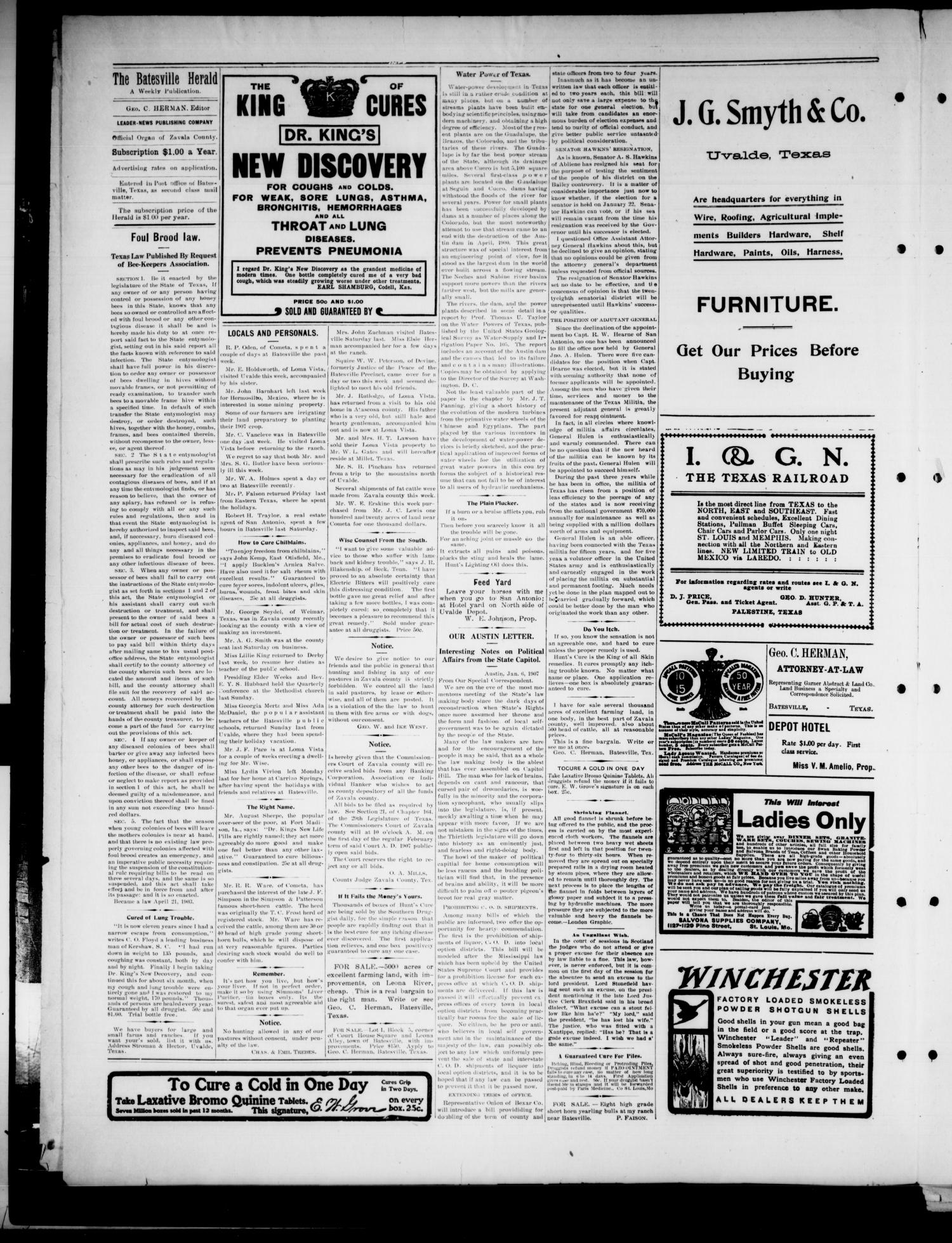 The Batesville Herald. (Batesville, Tex.), Vol. 7, No. 1, Ed. 1 Thursday, January 10, 1907
                                                
                                                    [Sequence #]: 2 of 4
                                                