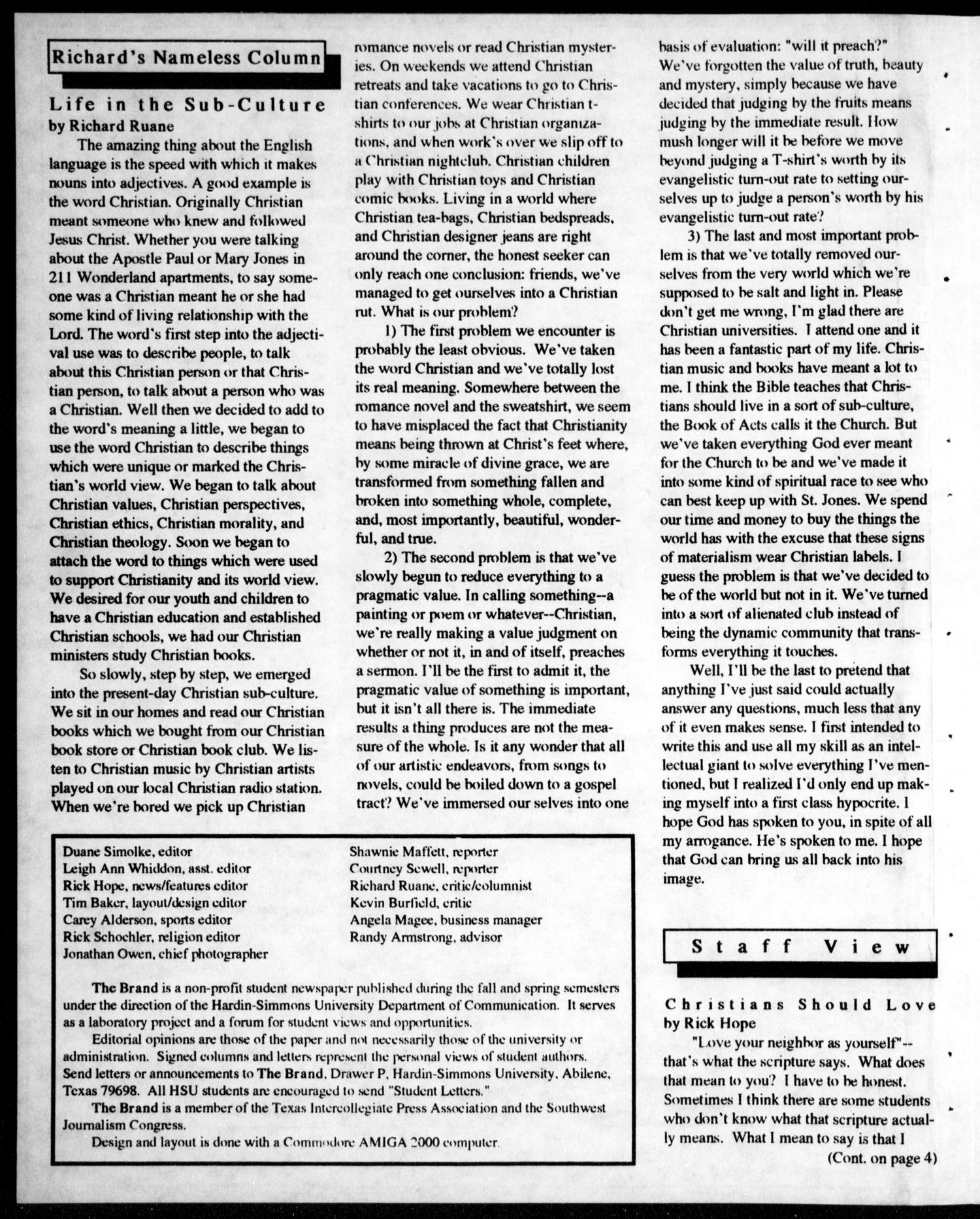 The Brand (Abilene, Tex.), Vol. 78, No. 3, Ed. 1, Wednesday, September 12, 1990
                                                
                                                    [Sequence #]: 2 of 4
                                                
