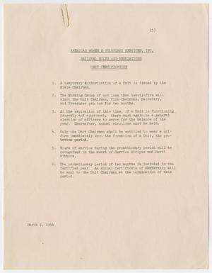 Primary view of object titled '[National Rules and Regulations: American Women's Voluntary Services Unit Certification and Officer Election, March 1, 1944]'.