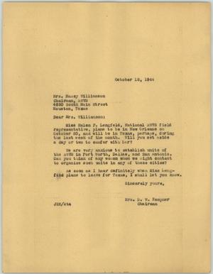 Primary view of object titled '[Letter from Mrs. Kempner to Mrs. Williamson, October 12, 1944]'.
