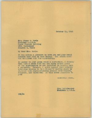 Primary view of object titled '[Letter from Mrs. Kempner to Mrs. Davis, October 11, 1943]'.