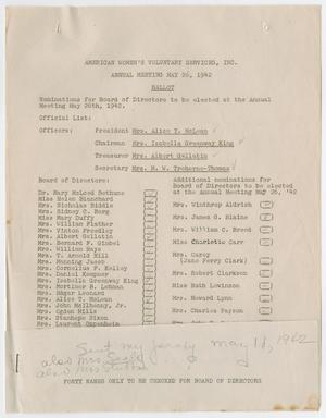 [Ballot: American Women's Voluntary Services Board of Directors Election, May 26, 1942]
