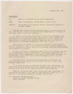 [Memo from Mrs. Blankenhorn to Executive Secretaries/State Chairmen, December 27, 1943]