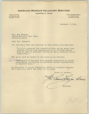 [Letter from Mrs. Davis to Mrs. Kempner, September 7, 1944]
