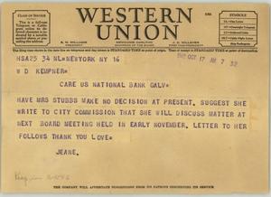 Primary view of object titled '[Telegram from Jeane to Mr. Kempner, October 17, 1942]'.