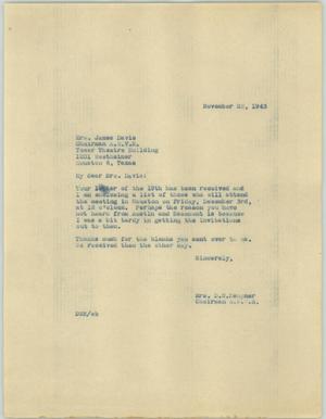 Primary view of object titled '[Letter from Mrs. Kempner to Mrs. Davis, November 22, 1943]'.
