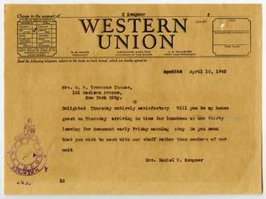 [Telegram from Mrs. Kempner to Mrs. Treherne-Thomas, April 18, 1942]