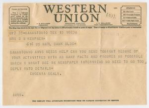 Primary view of object titled '[Telegram from Mrs. Sealy to Mrs. Kempner, September 15, 1942]'.