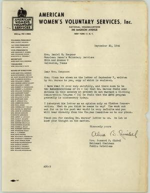 Primary view of object titled '[Letter Mrs. Gimbel to Mrs. Kempner, September 20, 1944]'.