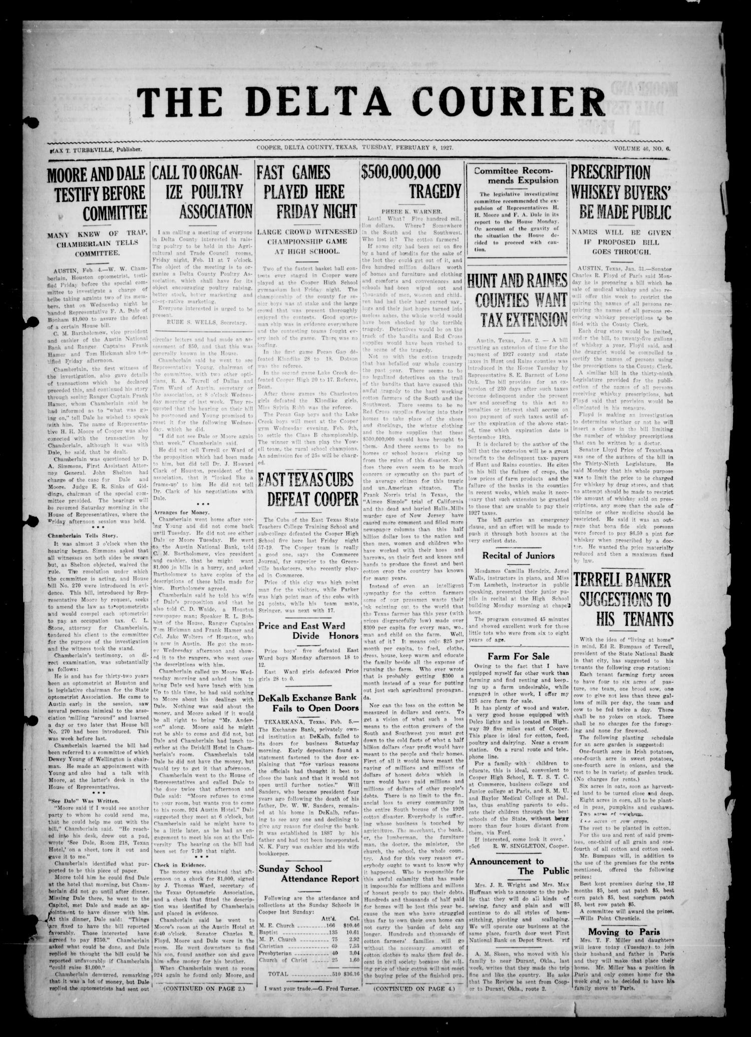 The Delta Courier (Cooper, Tex.), Vol. 46, No. 6, Ed. 1 Tuesday, February 8, 1927
                                                
                                                    [Sequence #]: 1 of 4
                                                