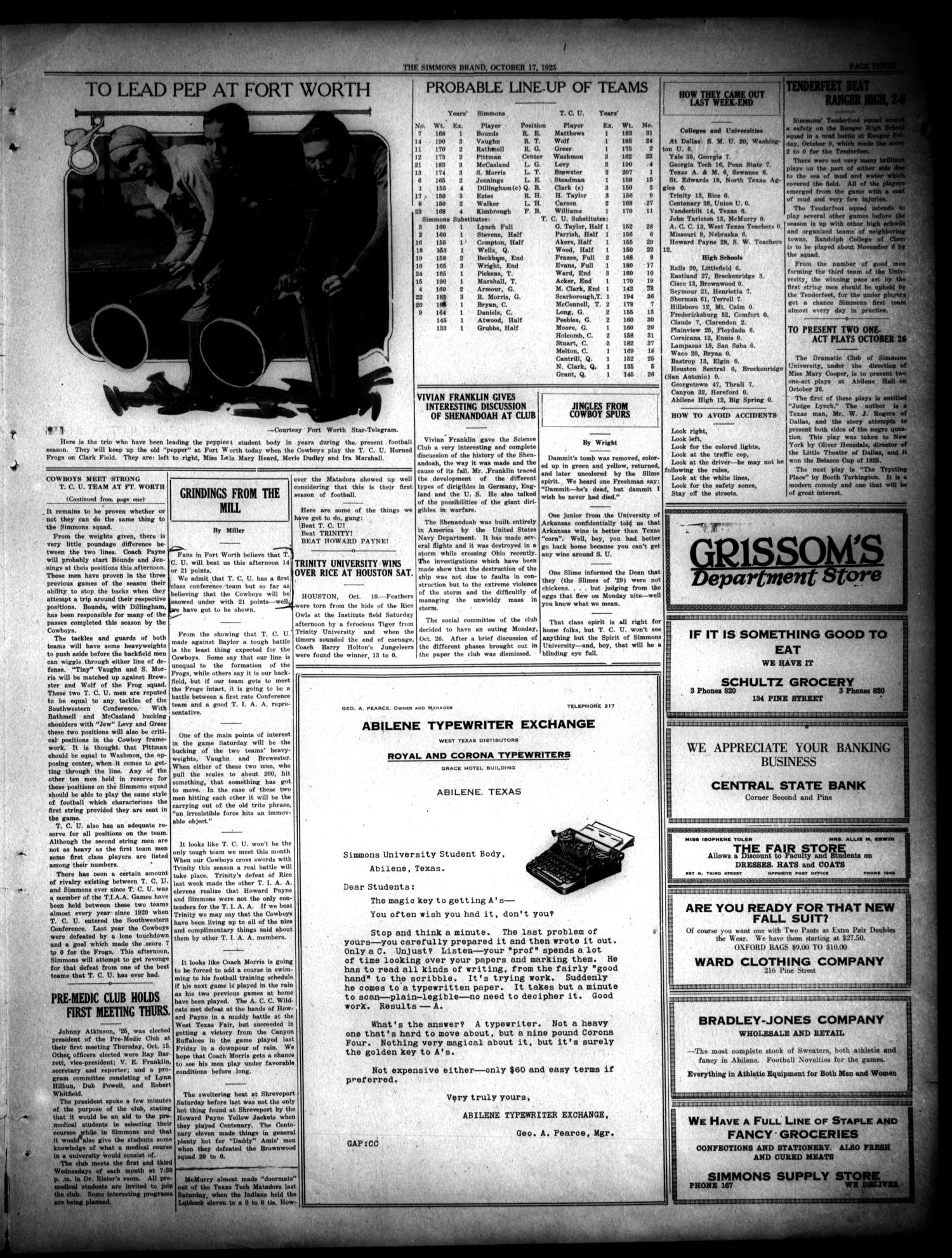 The Simmons Brand (Abilene, Tex.), Vol. 10, No. 5, Ed. 1, Saturday, October 17, 1925
                                                
                                                    [Sequence #]: 3 of 4
                                                