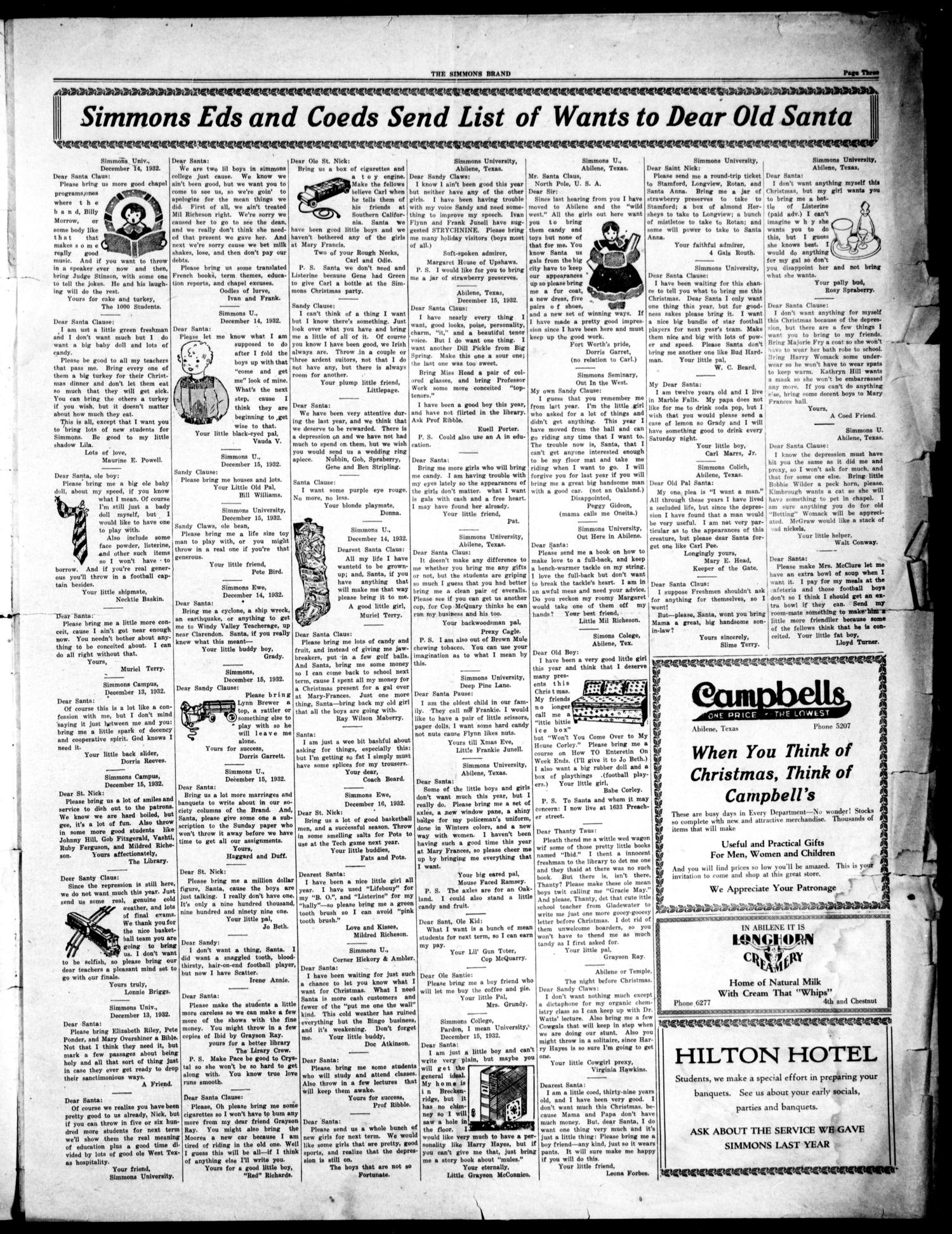 The Simmons Brand (Abilene, Tex.), Vol. 17, No. 13, Ed. 1, Saturday, December 17, 1932
                                                
                                                    [Sequence #]: 3 of 6
                                                