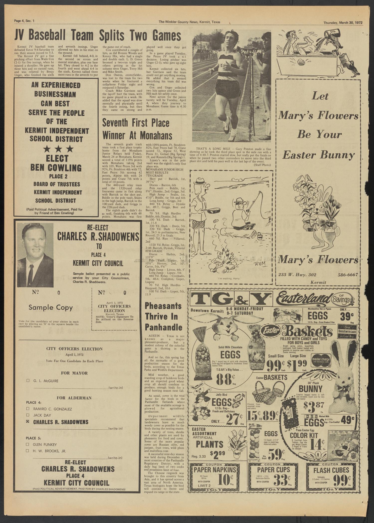 The Winkler County News (Kermit, Tex.), Vol. 36, No. 3, Ed. 1 Thursday, March 30, 1972
                                                
                                                    [Sequence #]: 4 of 22
                                                
