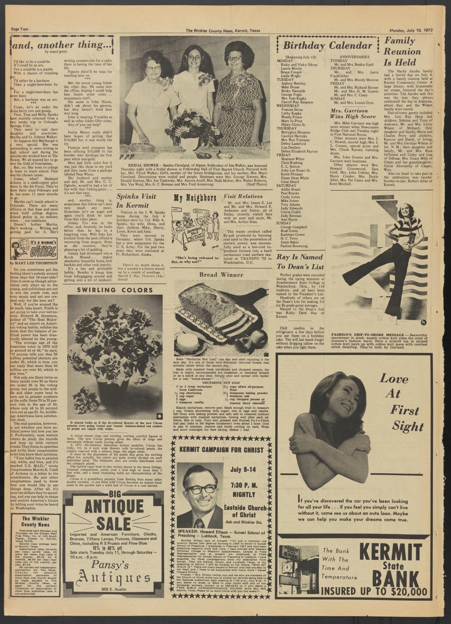 The Winkler County News (Kermit, Tex.), Vol. 36, No. 32, Ed. 1 Monday, July 10, 1972
                                                
                                                    [Sequence #]: 2 of 10
                                                