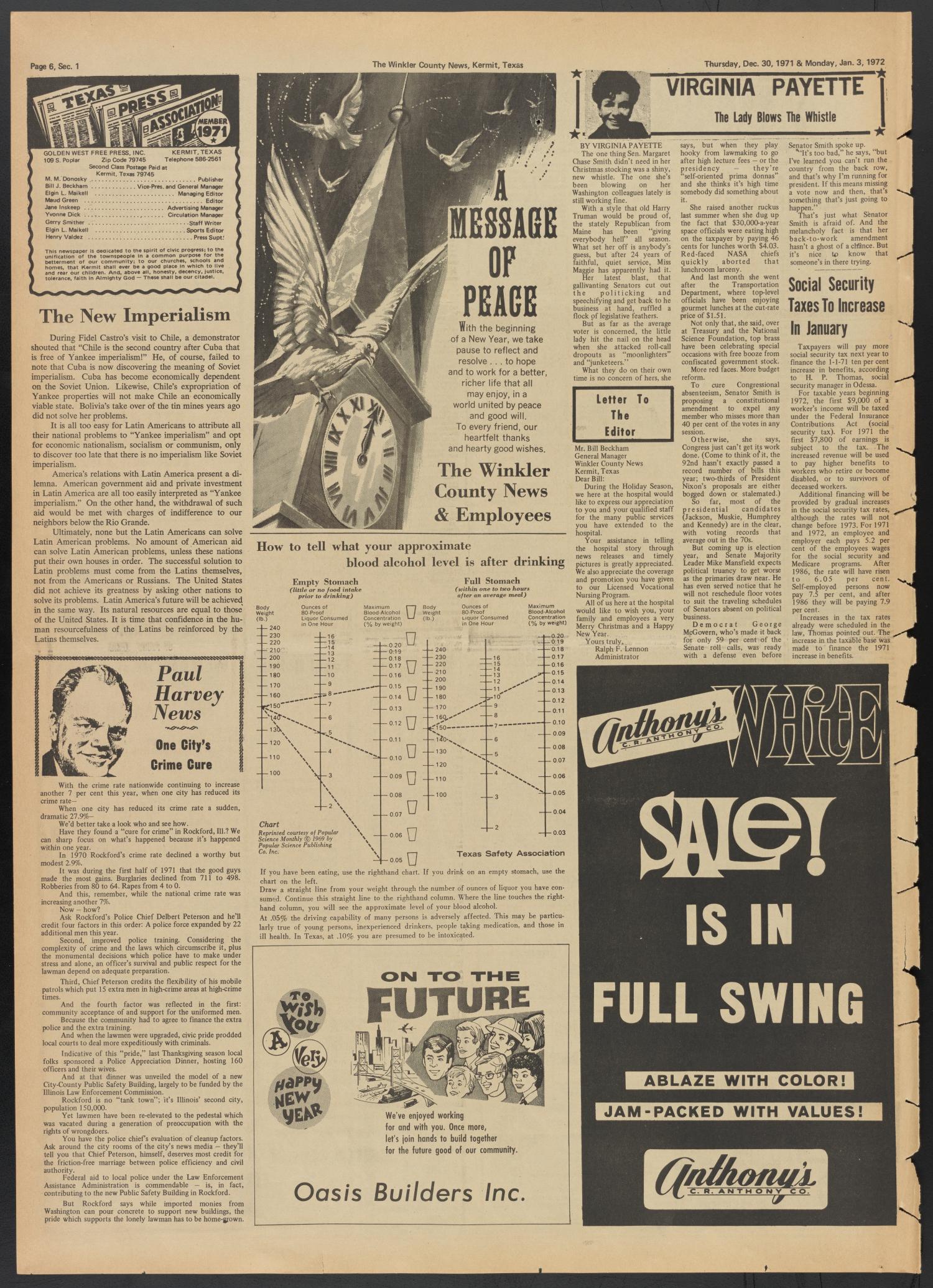 The Winkler County News (Kermit, Tex.), Vol. 35, No. 81, Ed. 1 Thursday, December 30, 1971
                                                
                                                    [Sequence #]: 6 of 24
                                                