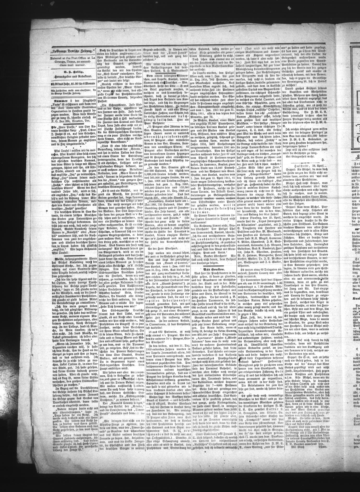 La Grange Deutsche Zeitung. (La Grange, Tex.), Vol. 21, No. 37, Ed. 1 Thursday, May 4, 1911
                                                
                                                    [Sequence #]: 4 of 8
                                                
