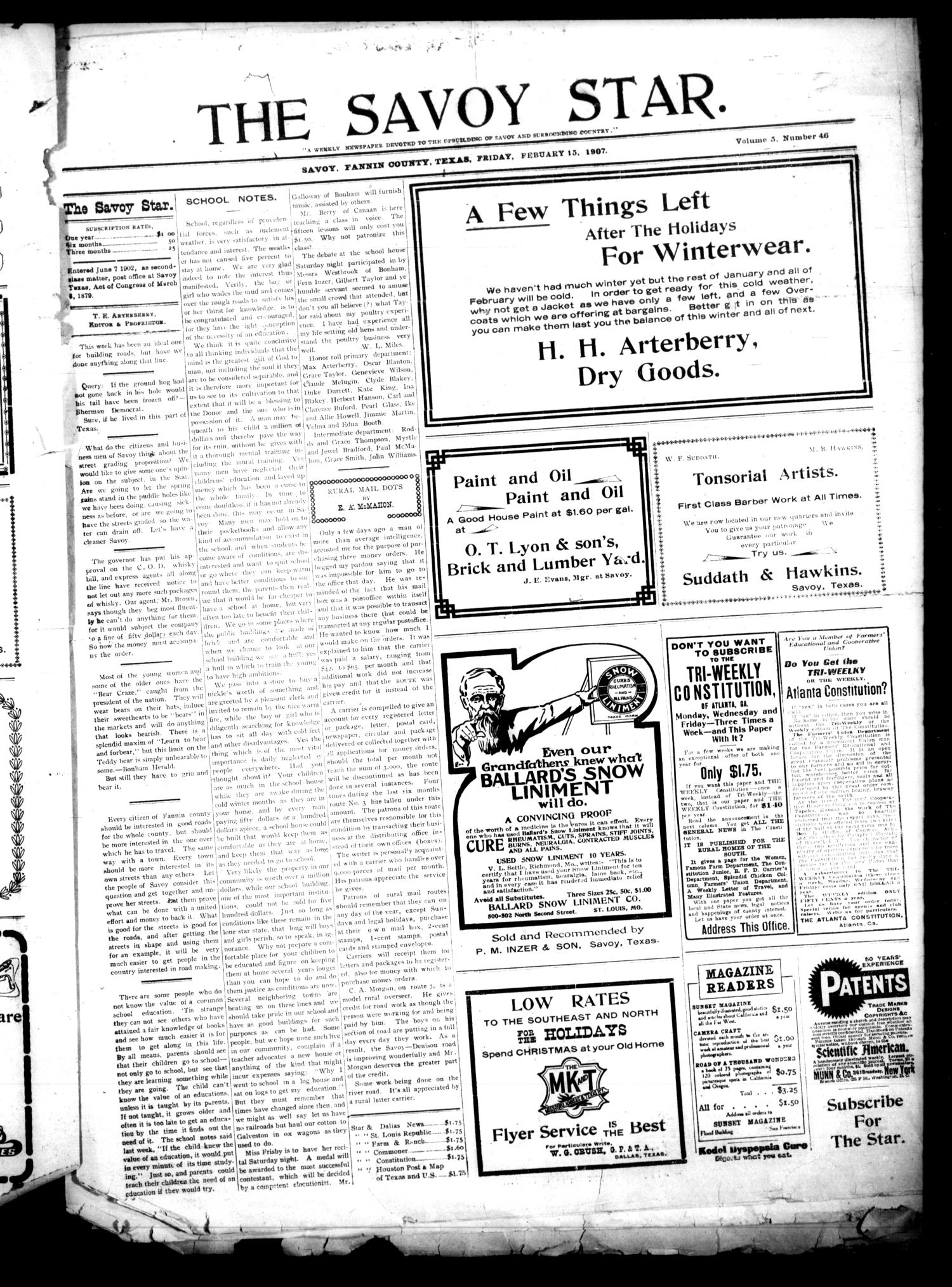 The Savoy Star. (Savoy, Tex.), Vol. 5, No. 46, Ed. 1 Friday, February 15, 1907
                                                
                                                    [Sequence #]: 1 of 4
                                                